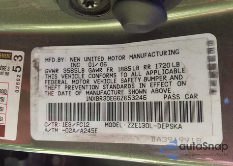 2006 Toyota Corolla S из США, поврежденный, VIN 1NXBR30E66Z653246